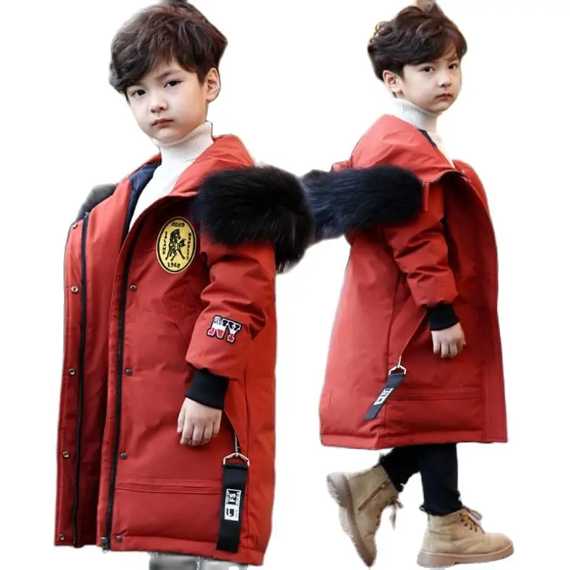 

Winter Boys Jacket Long White Duck Down Fashion Warm Coat Kids Hooded Raccoon Fur Collar Quality Children Snowsuit Windbreaker