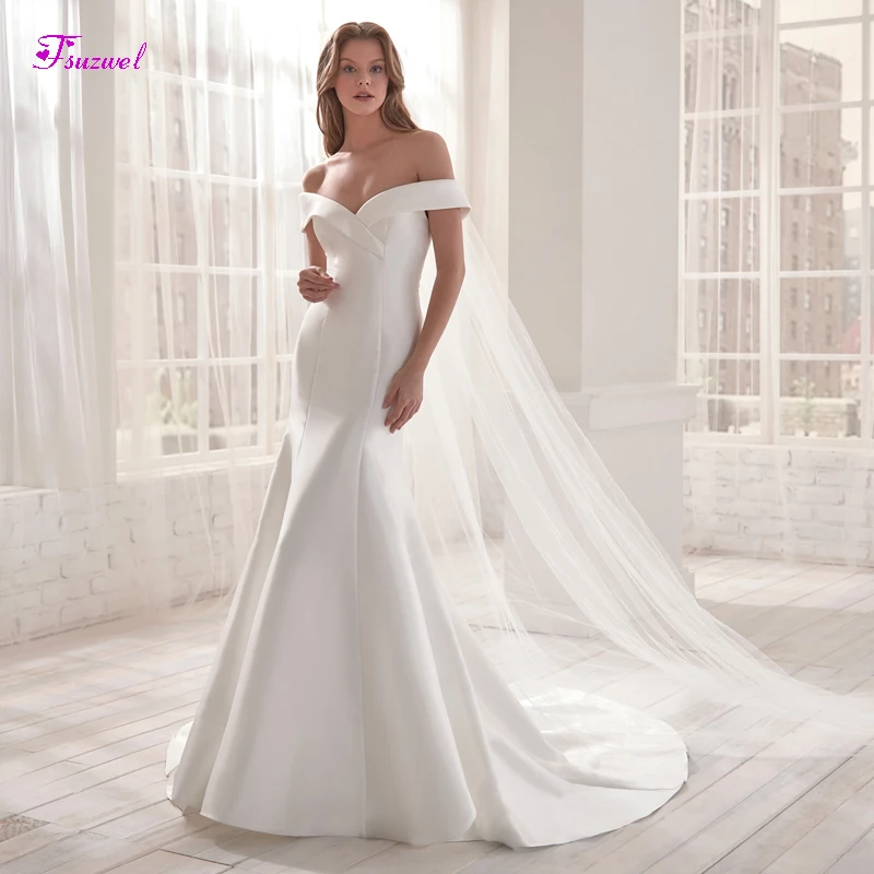 

Fsuzwel Romantic Boat Neck Zipper Up Mermaid Wedding Dresses 2019 Graceful Satin Court Train Trumpet Bride Gown Vestido de Noiva