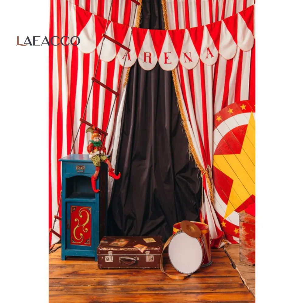 

Laeacco Baby Circus Play Tools Clown Stage Curtain Old Suitcase Child Party Photography Backdrops Photo Backgrounds Photo Studio