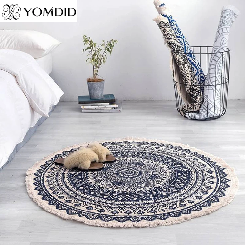 Round Mat Bedroom Carpets Cotton Linen Doormat Geometric Pattern Mandala Rug For Sofa Door Vintage Plain Mats Home Decor | Дом и сад