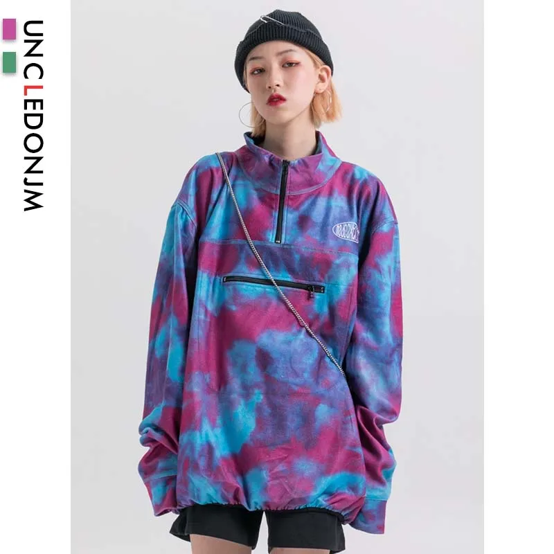 

UNCLEDONJM Tie Dye Front Half Zipper Women's Sweatshirt Fleece Pullover Sweatshirts Girl 2Colors Hip hop Hoody 625W
