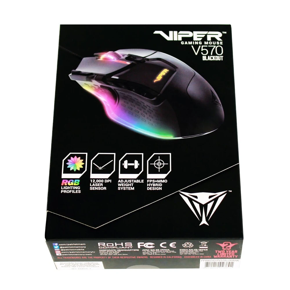 Мышь Patriot Viper V570 Blackout Edition PV570LUXWAK лазерная, 12000 dpi, подсветка RGB цвет: черный