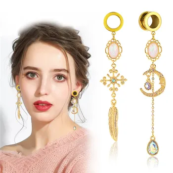 

Vankula 2pcs Wedding Romantic Tunnel Piercing Ear Gauged Plugs Stainless Steel Body Jewelry Dangle Earrings Moon Shape Expanders