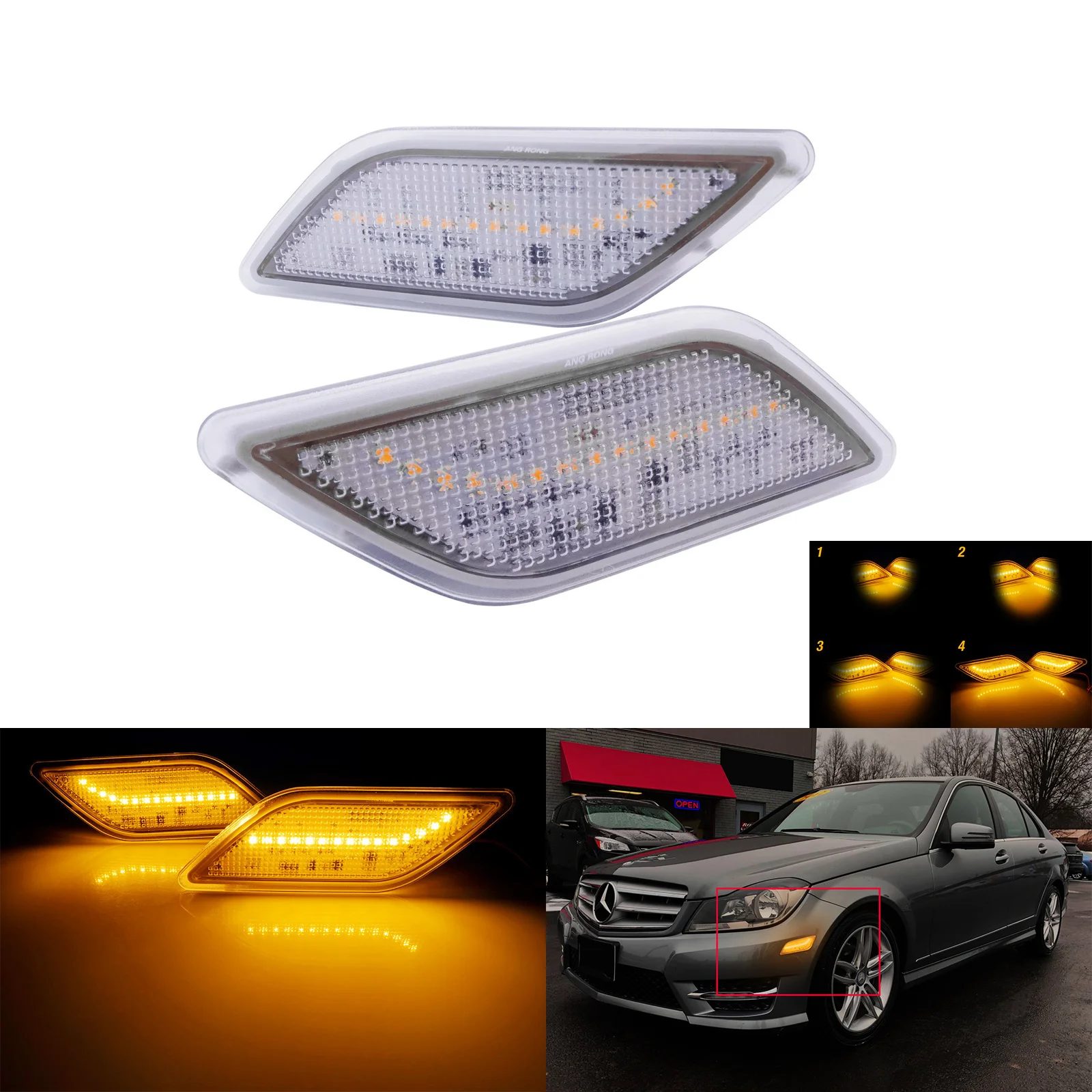 

ANGRONG 2X Clear Lens LED Front Bumper Side Marker Light Amber For 2012-2014 Mercedes W204