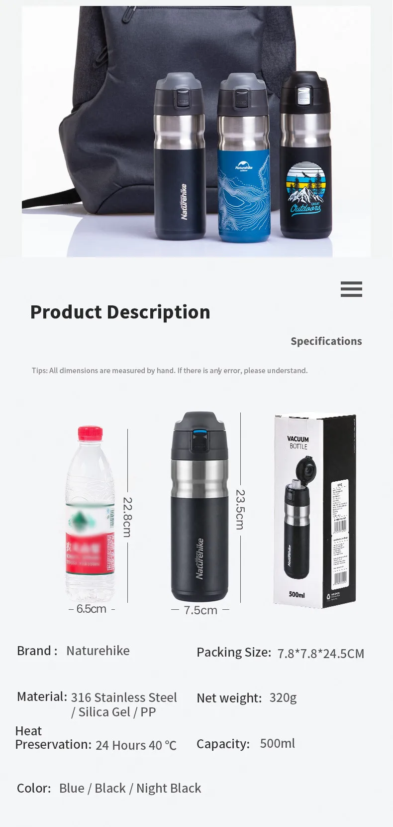 Naturehike изоляционная чашка 316 нержавеющая сталь 500 мл портативный 24 часа сохранения тепла/холода путешествия открытый колпачок отскока