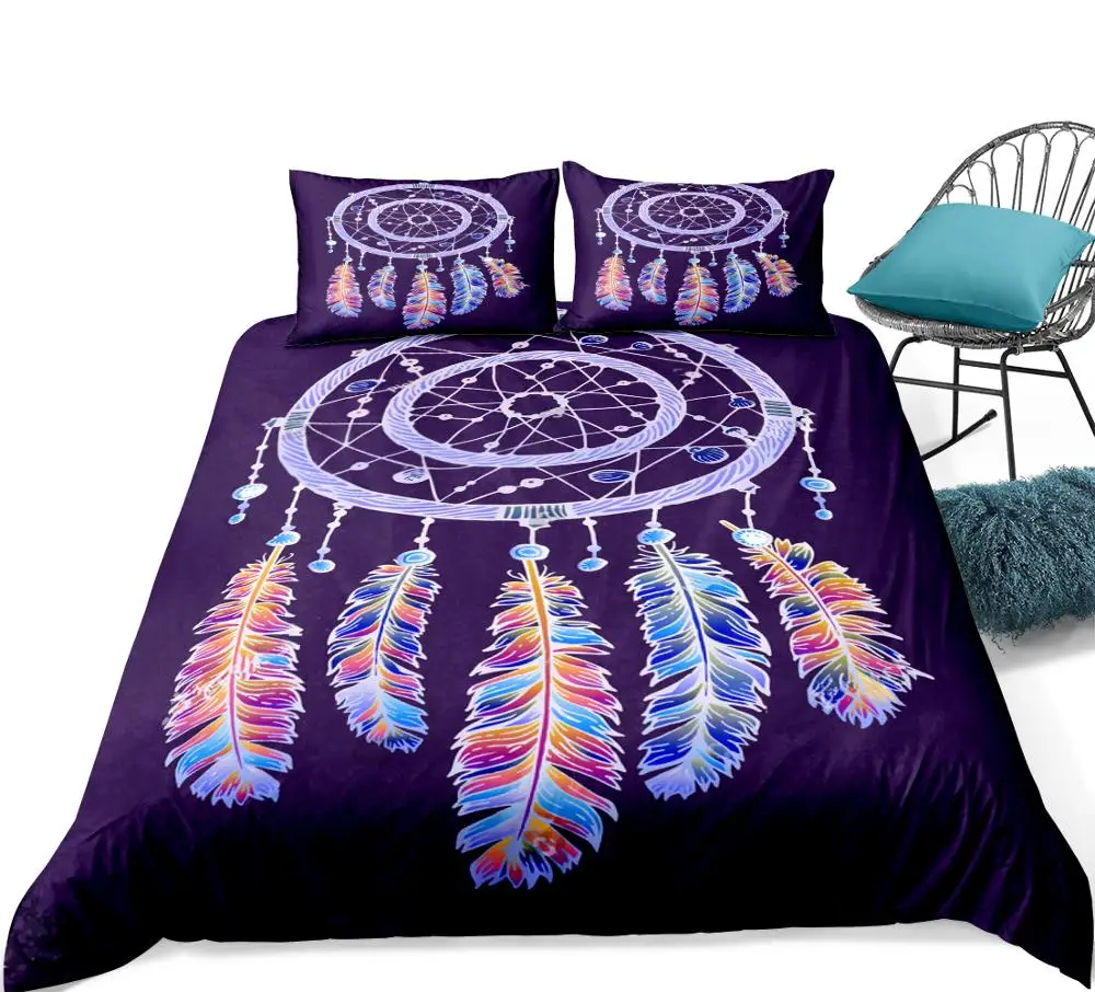 3 Pieces Purple Dreamcatcher Duvet Cover Set Boho Dreamcatcher Bedding Feathers Quilt Cover Queen Bed Set Kids Teens Dropship