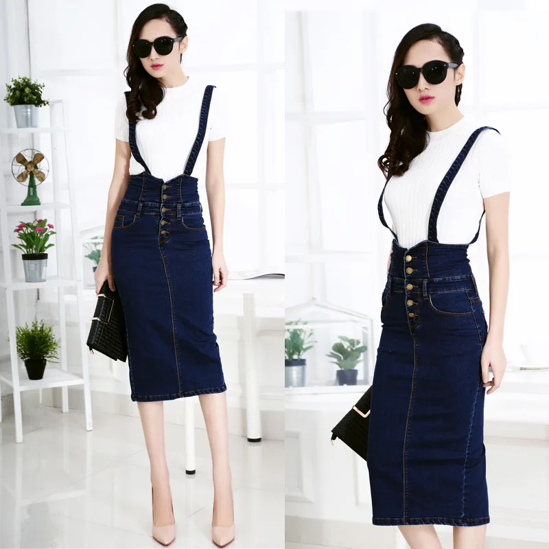 

2016 Spring Clothing New Style Korean-style Large Size High-waisted Slim Fit Slimming Suspender Skirt Denim Skirt