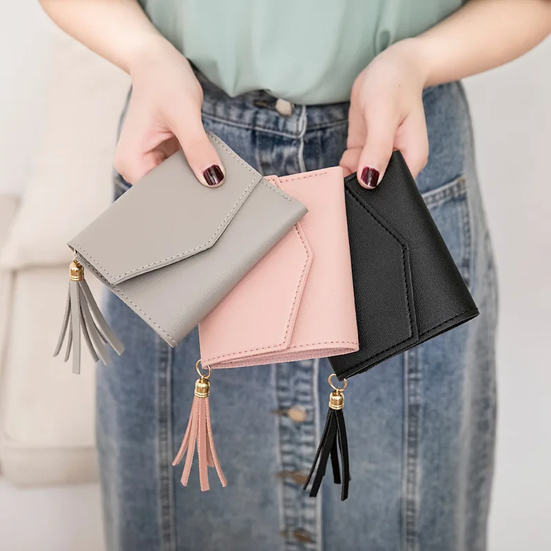 DOLOVE Short Wallet Female Korean Version of The Tassel Small Wallet Simple Square Simple Wallets Ladies Coin Purse Mini Bag