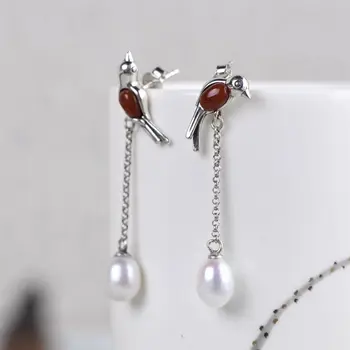 

Red agate bird and Freshwater Pearl Earrings silver 925 Pure S925 Sterling Silver long drop Earring for Women fine Jewelry