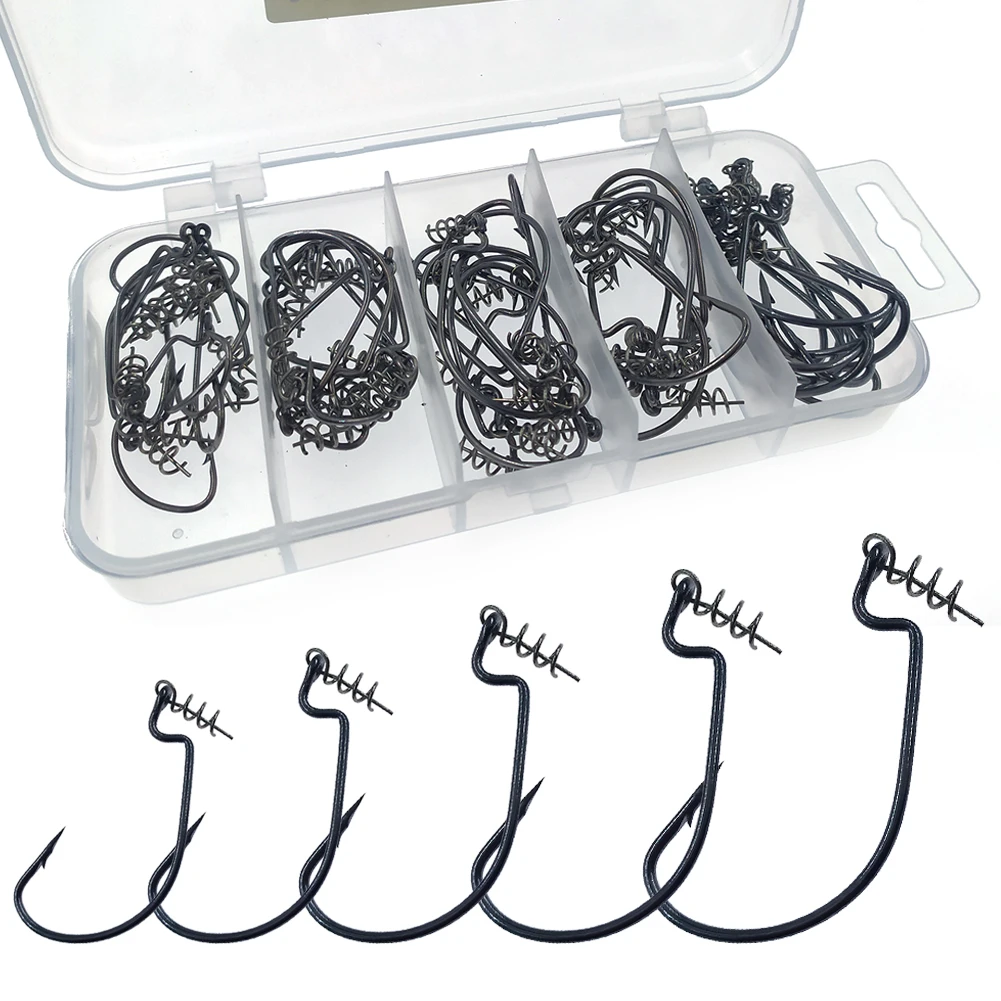 

50-pack Wide Gap Worm Hooks with Centering Pins 2# 1# 1/0# 2/0# 3/0# Fishing Single Hooks Set High Carbon Steel Crank Barbed Hoo