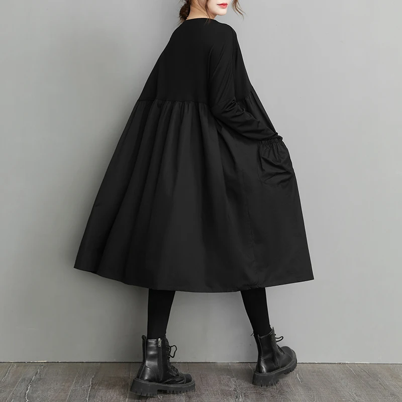 Long Sleeve Black Big Pocket Patchwork Dresses For Women Loose Casual Vintage Dress Fashion Elegant Clothing Spring Autumn 2025