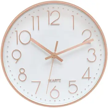 

Modern Silent Quartz Wall Clock Non-Ticking Decor Battery Operated Clock for Home Office Rose Gold Plastic Frame Glass Cover