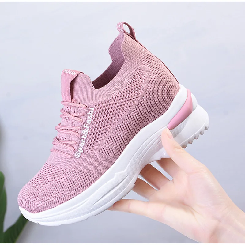 Women's Sneakers Spring Sequined Casual Shoes Women Platform Heels Wedges Height Increasing 2022 Knitted Ladies Vulcanized Shoes