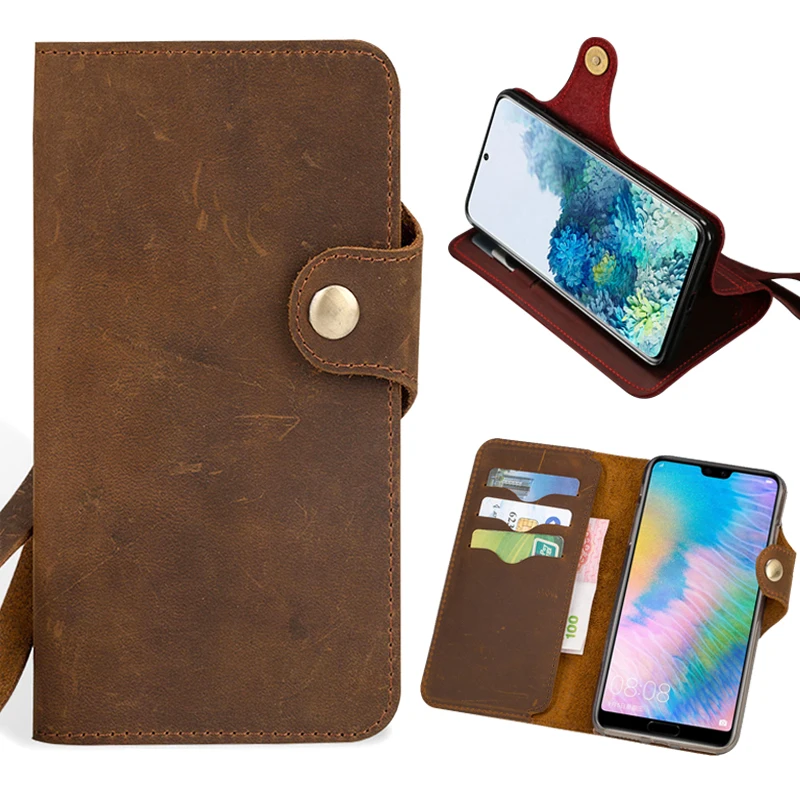 Genuine Pull-Up Leather Flip Phone Case For iPhone 15 14 13 12 Pro Max 11 XR Crazy Horse Buckle Slots Holder Wallet Cover Strap