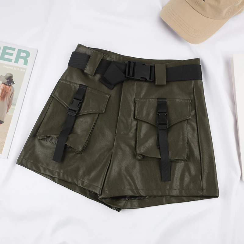 Army Green Армейский зеленый осень зима женские ПУ карго шорты с карманами Мода Высокая талия уличная дамские искусственная кожа короткие Femme - Цвет: Army Green
