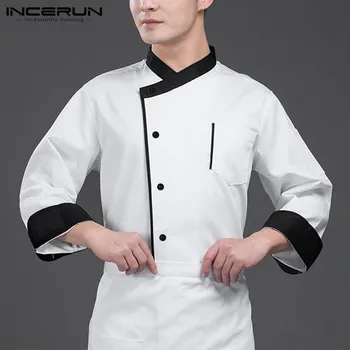 

INCERUN Food Service Men Chef Uniform Patchwork Long Sleeve Button Cooking Restaurant Unisex Tops Kitchen Works Costumes S-5XL
