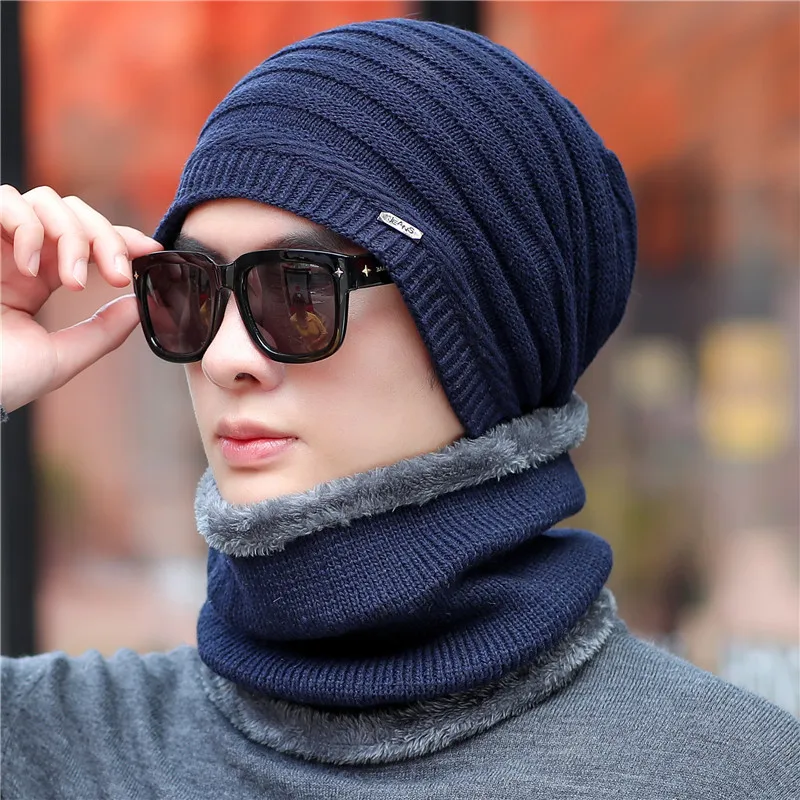 Winter Hat Neck Warmer Knitted Hat Scarf Set Fashion Warm Knit Skullies Beanies Balaclava Winter Hat For Men