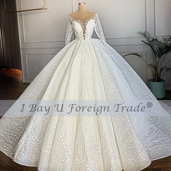 شراءفستان زفاف عربي لؤلؤي فستان زفاف عاجي رداء De Soirée De Mariage بأكمام طويلة فاخر يدوي فستان زفاف Vestidos De Novia