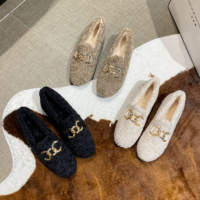 Chain Lambswool Flats Moccasins Femme Slip On Plush Winter Ladies Shoes Curly Furry Loafers Women Creepers Zapatos Plus Size 43 4