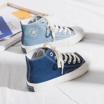 

Canvas Shoes Women Sneakers Denim Cloth Mixed Color Lace Up High Top Trainers 2020 Spring New Students Casual Shoes Blue 35-40