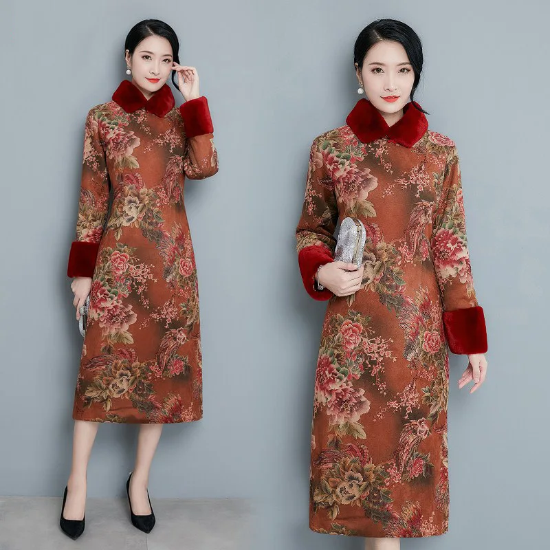 

2019 Winter New Style Suede Cotton-padded Clothes Cheongsam Improved Long Sleeve Dignified Glorious Long Thick Warm WOMEN'S Coat