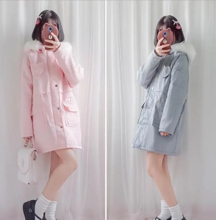 

Autumn winter japanese sweet lolita coat love warm thicken fur collar loose victorian overcoat kawaii girl coat loli student