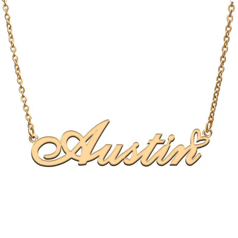 

Austin Name with Love Heart Necklace for Women Stainless Steel Jewelry Nameplate Pendant Femme Mother Child Girls Gift