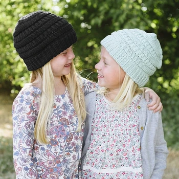 

Kids Girls Boys Winter Warm Simple Children's Knitted Hat Personality Vertical Bar Tip Baby Sweater Woolen Hat 2020