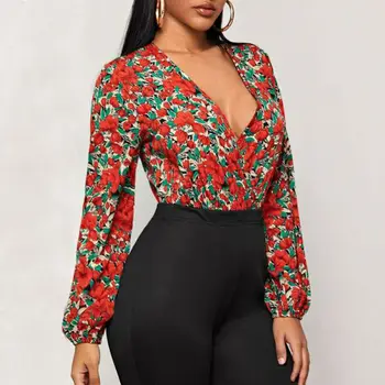

Female Sexy Triangle Playsuit New Fashion Floral Prnted Deep V-neck Long Sleeves Casual Bodysuit Women Spring Summer Jumpsuit