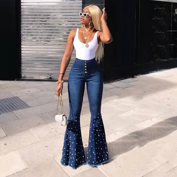 

2019 Fashion Women Streetwear Blue Beading Flare Jeans High Waist Button Bell-Bottoms Denim Pants