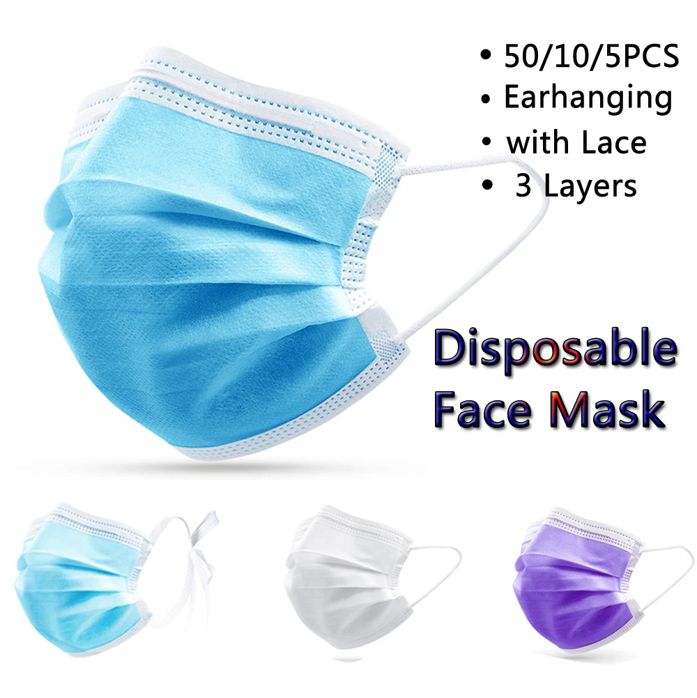 

50/10/5PCS Face Mask Earhanging/with Lace Disposable 3 Layers Protective Mouth Nose Covers Mascarilla Antivirus Masku