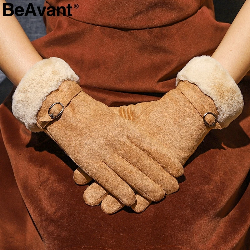 BeAvant/модные толстые зимние перчатки на полный палец женские замшевые