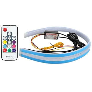 

2X RGB 60CM Remote Control LED DRL Daytime Running Light Turn Signal Guide Strip Lights Car Headlight Auto Accessories