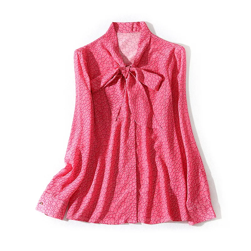 

2020 Spring New Bowtie Collar Long Sleeved Real Silk 100% Shirts Women High End Printing Blouses and Tops