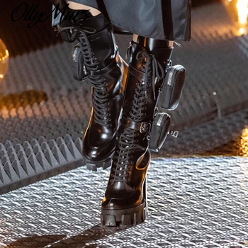 

Hot Sale Pocket Design Women High Boots Ladies Platform Motorcycle Boots Military Shoes Woman Flat Botas Mujer