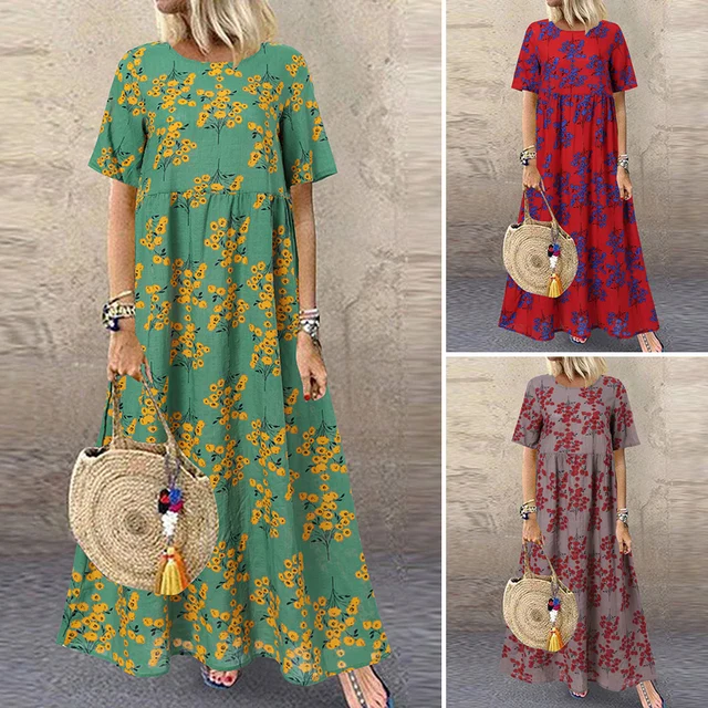 ZANZEA Summer Women Sundress Bohemian Floral Print Beach Maxi Dress Vintage V Neck Short Sleeve Oversized Dresses Kaftan Vestido 6