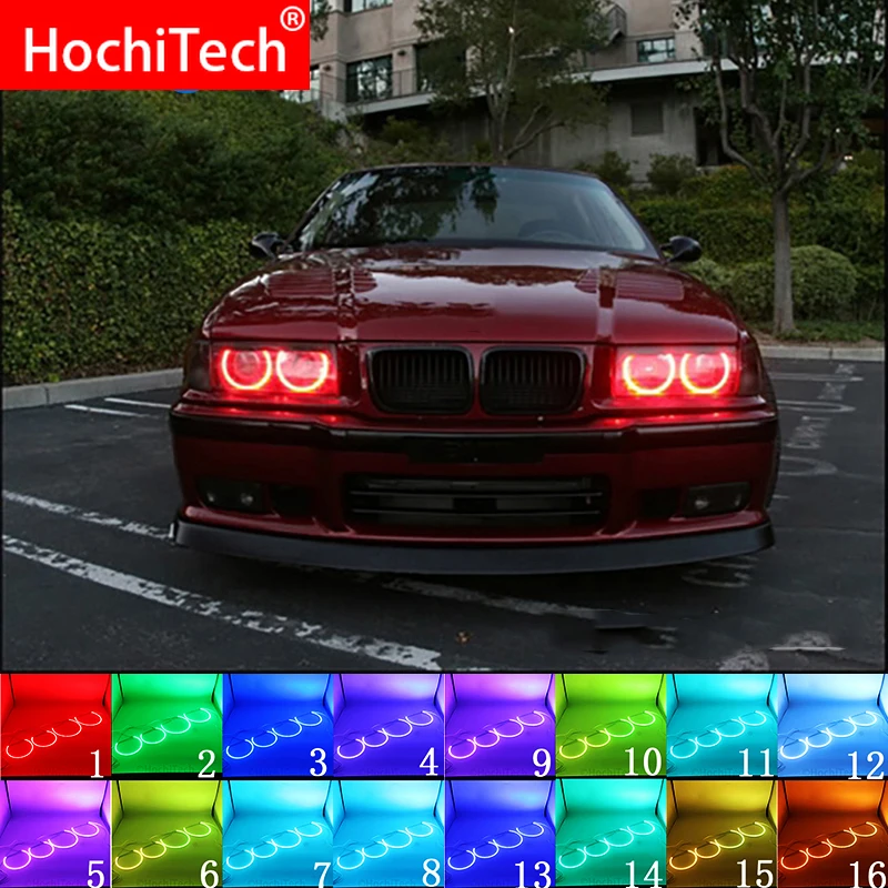 Ultimo Faro Rgb Multicolore Led Angel Eyes Halo Ring Eye Drl Telecomando Rf Per Bmw Serie 3 E36 1990 - 2000 4X131Mm