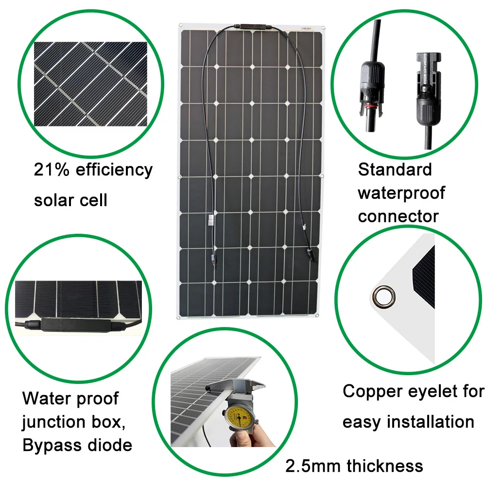 Carregador para rv Painel Solar Flexível 24v 100w Bateria Monocristalina Carro Elétrico Acampamento Iate 1000w 12v - Image 4