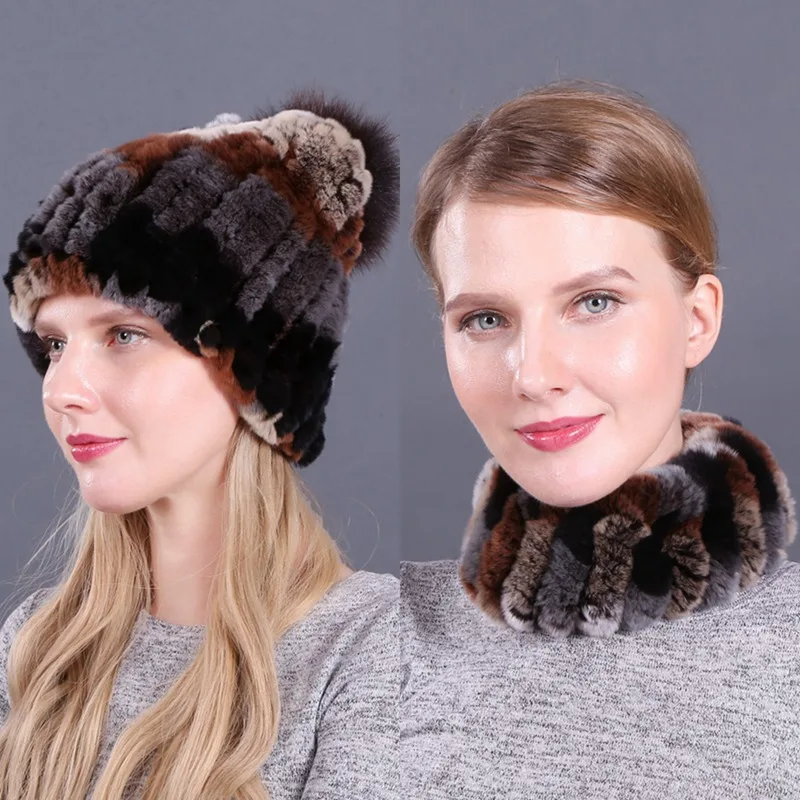 ZDFURS* Зима настоящий мех кролика женские наборы шарф шапка женские шапки шарфы - Цвет: color37