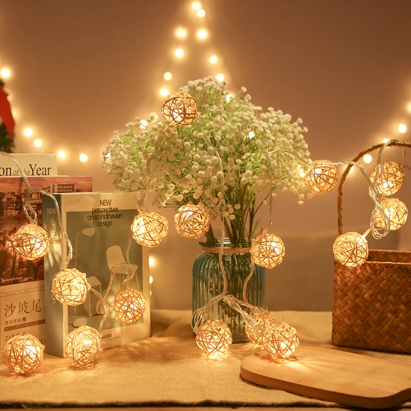 Светодиодная гирлянда из ротанга с шариками садовая занавеска светильник на