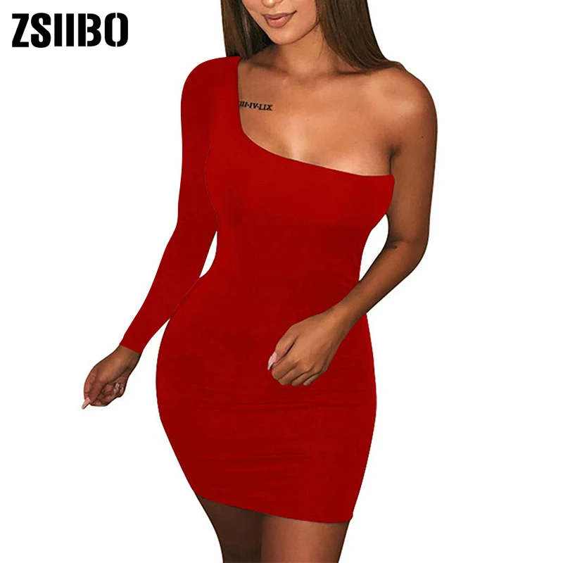 Red Long Sleeve ZSIIBO Женская Повседневная Базовая майка на одно плечо облегающее мини-Клубное платье без рукавов с длинным рукавом Прямая поставка - Цвет: Red Long Sleeve