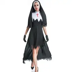Девы Mary Nuns костюмы для женщин сексуальный длинный черный Nuns костюм арабский религиозный монах Униформа призрака Хэллоуин косплей