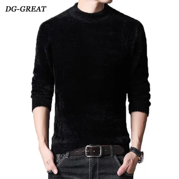 

Autumn Winter Men's Sweaters Middle-aged Round Collar Thickened Black Imitation Mink Hair Loose Warm Base Jumper Men Clothes