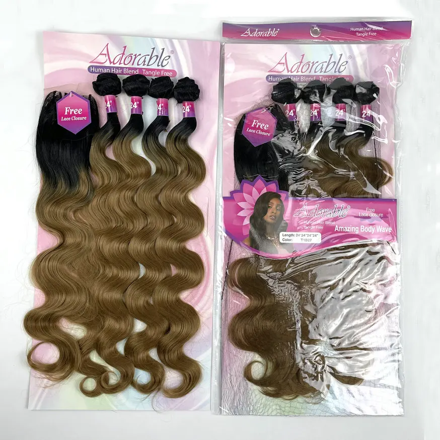 Adorable Full Packet Solution Synthetic Hair Bundles With Free 4*4 Machine Made Closure Ombre Color T1b27 Amazing Body Wave 4pcs