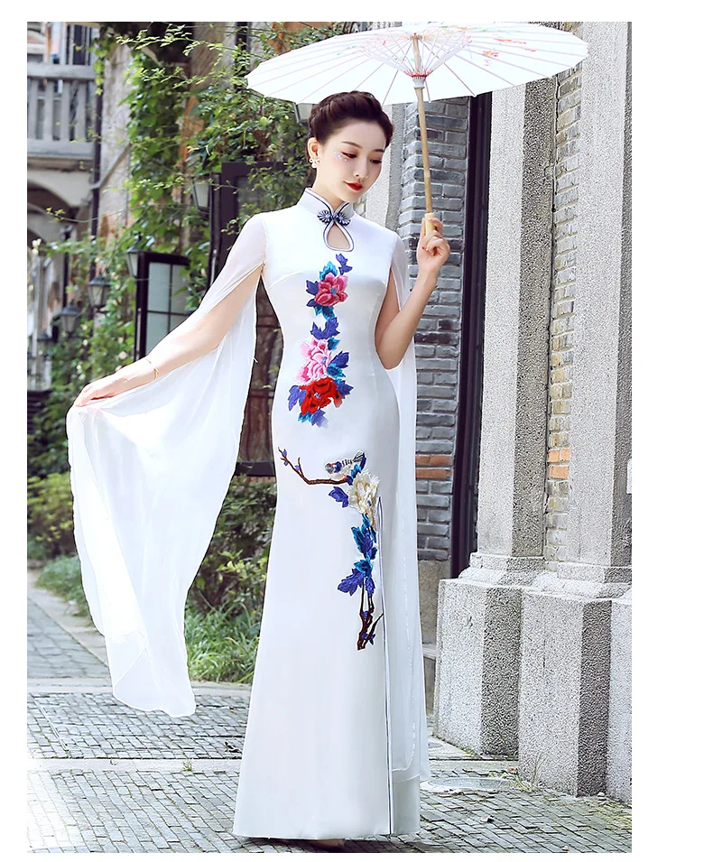 Пикантные Чонсам «рыбий хвост» с цветочной вышивкой улучшенный cheongsam танцевальная Костюмы Qipao вечернее платье Платье для вечеринки