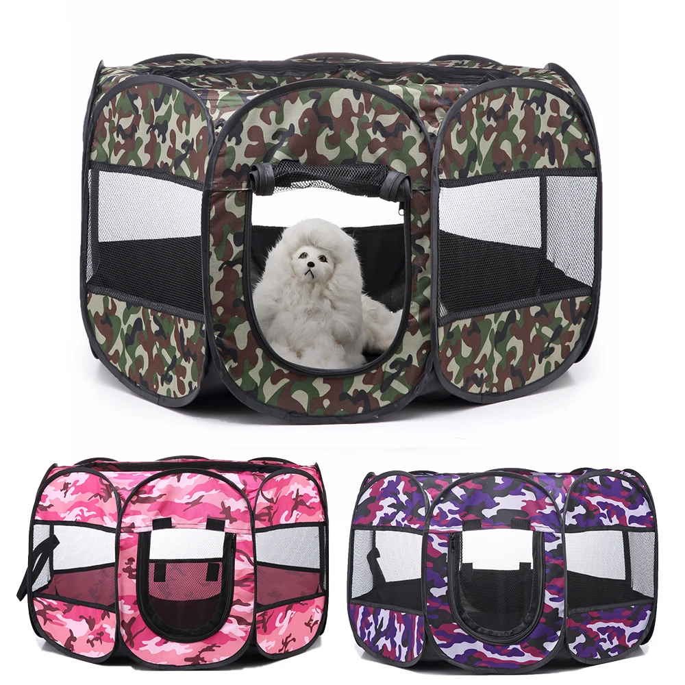 Tienda de campaña plegable portátil de camuflaje para mascotas, corralito para gatos y perros, jaula transpirable para cachorros, cerca, tienda parque para perros