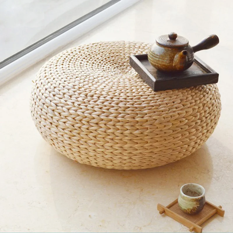 Handcrafted Eco-friendly Straw Woven Dia. 40cm Seat Pouf Yoga Meditation Mat