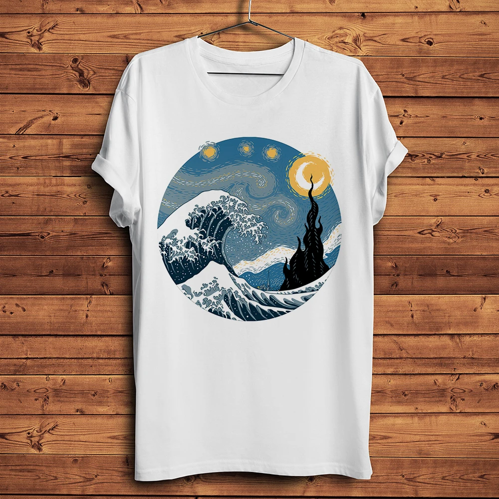 Giappone Ukiyoe Starry Night The Great Wave Off Kanagawa T Shirt Homme Men White Casual Short Tshirt Unisex Ukiyo Streetwear Tee