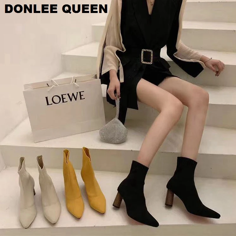 

Fashion Brand Sock Boots Women Knitting Stretch Boots High Heel Women Shoes Female Ankle Boots Slip On Short Boots zapatos mujer