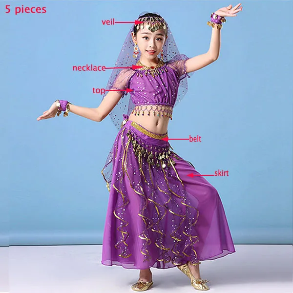 Kids Girls Belly Dance Top+Skirt Set Outfit Bollywood Coin Dancing Costume Child 